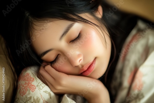 calm young Asian woman relaxes on photo