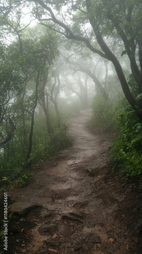 Fototapeta premium Serene Misty Pathway Through Lush Green Forest in Foggy Weather