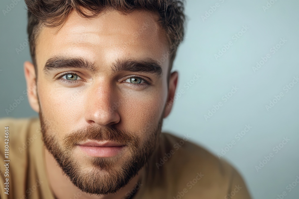 Close up portrait of a stylish young man with a beard against a white backdrop Close up portrait of a stylish young man with a beard against a white backdrop