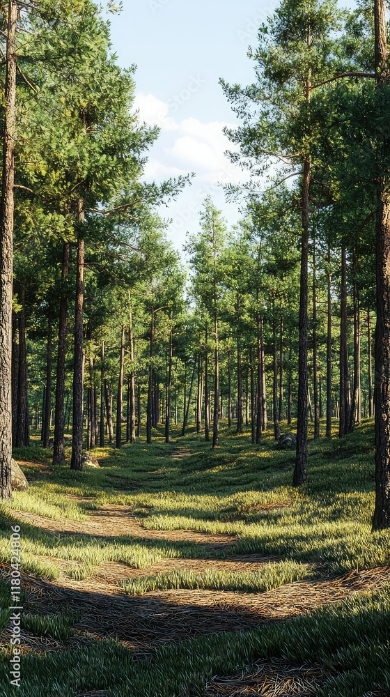 Obraz premium Serene Pathway Through Lush Green Forest with Tall Pine Trees