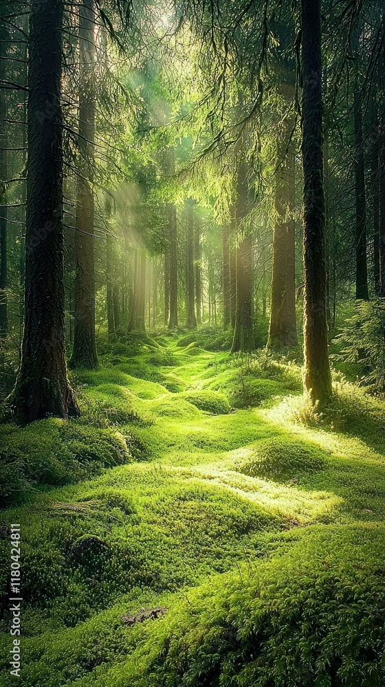 Obraz premium Lush Green Forest Pathway with Sunlight and Vibrant Moss Cover