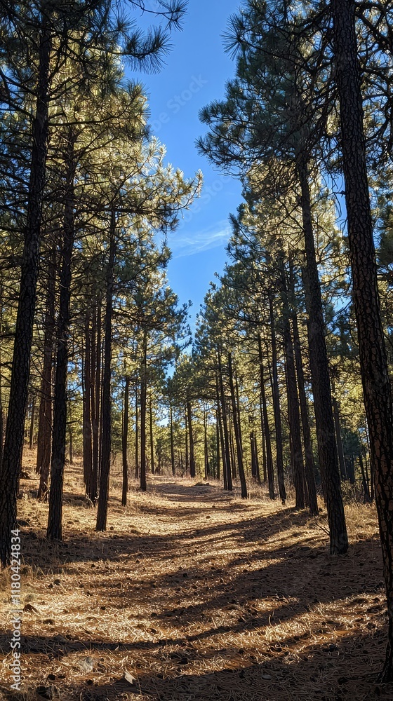 Fototapeta premium Sunlit Forest Pathway Surrounded by Tall Evergreen Trees