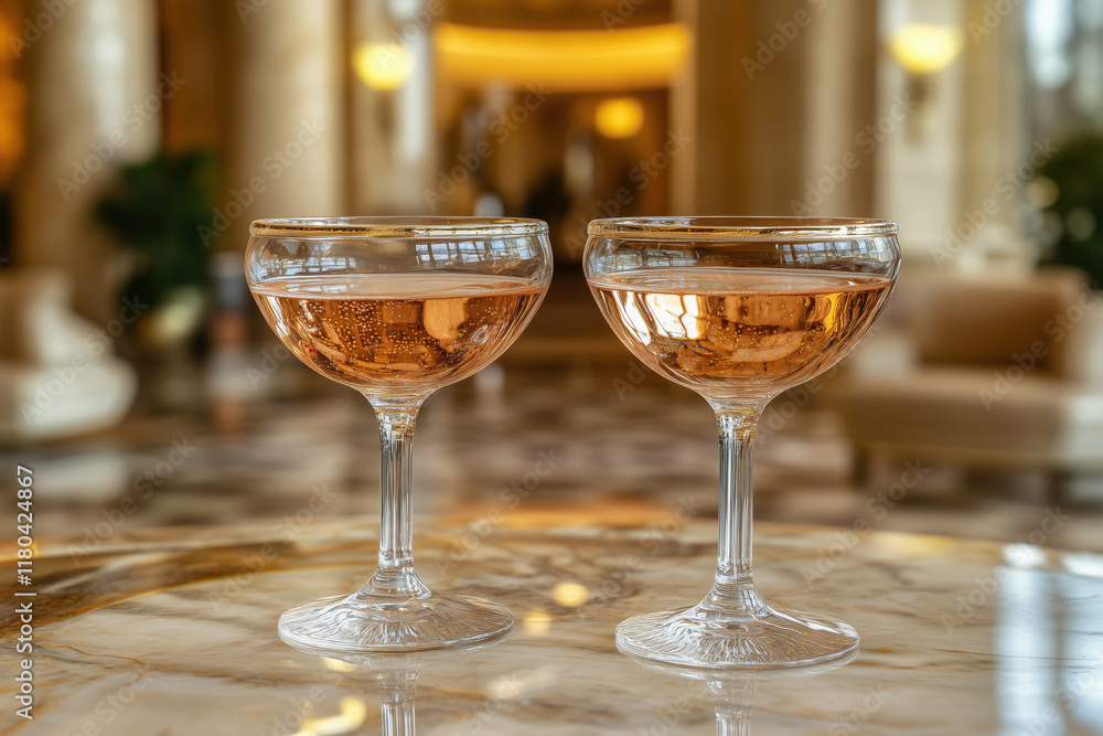 Set of two elegant champagne coupe glasses with rose sparkling wine Set of two elegant champagne coupe glasses with rose sparkling wine