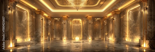 Luxurious and Ornate Interior of a Grand Hall Featuring Elegant Golden Lighting, Marble Columns, and a Central Crystal Chandelier