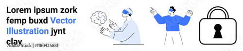 Individuals using VR headsets for brainstorming ideas and interacting with virtual elements, accompanied by a lock symbol representing cybersecurity. Ideal for VR technology, brainstorming