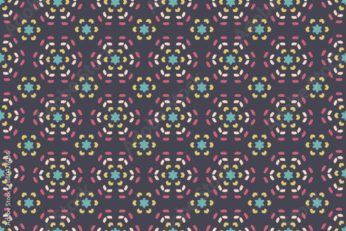 African seamless pattern. Moroccan, arabic design with different colour Shapes. Oriental background. Traditional asian elements. Decorative mediterranean eastern ornaments on black background. Vector