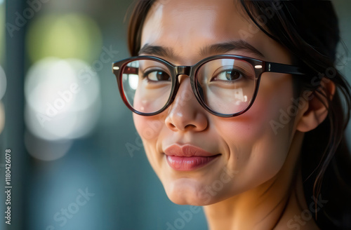 Wallpaper Mural Happy asian woman in optical pink glasses on blurred background. Portrait of businesswoman. Woman with poor eyesight in glasses. in optics.Secretary. Manager. Director Torontodigital.ca