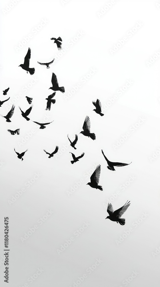 Fototapeta premium Flock of Birds in Silhouette Against Light Gray Background