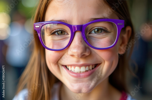 Wallpaper Mural Happy girl in purple glasses on a blurred background. Blonde girl in optical glasses. Child with poor eyesight in bright cheerful glasses. Torontodigital.ca