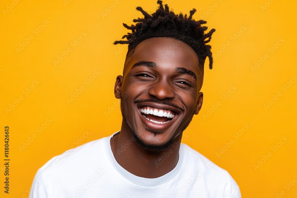 Joyful young African man with a wide bright smile laughing at the camera against a plain backdrop Joyful young African man with a wide bright smile laughing at the camera against a plain backdrop