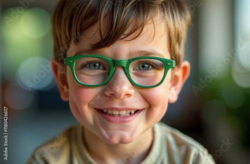 Wallpaper Mural Happy boy in green glasses on a blurred background. Boy in optical glasses. Boy with blond hair with poor eyesight in bright cheerful glasses. Torontodigital.ca