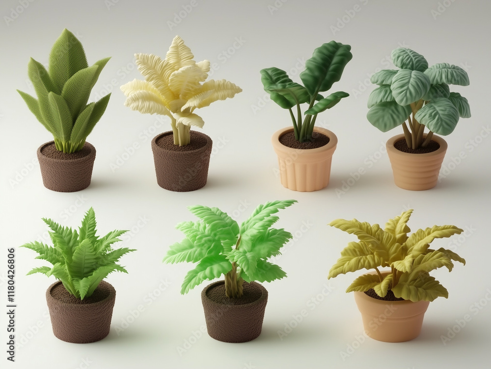 Obraz premium 8 icônes de plantes en pot en 3D sur fond gris