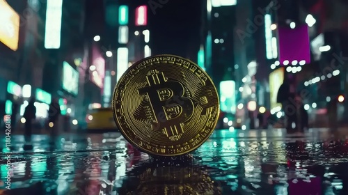 Cryptocurrency revolution bitcoin in urban nightscape digital finance futuristic city vibes photo