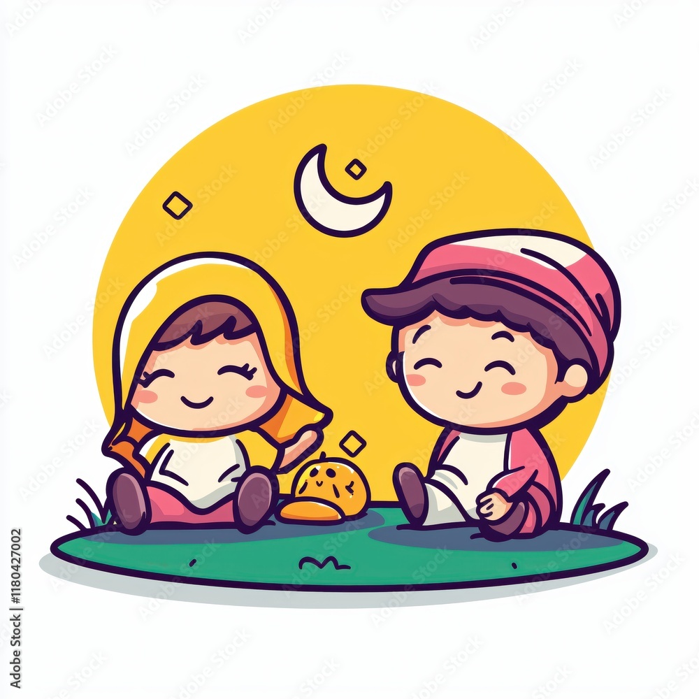 Happy Children Sharing Festive Treats Under Night Sky Happy Children Sharing Festive Treats Under Night Sky