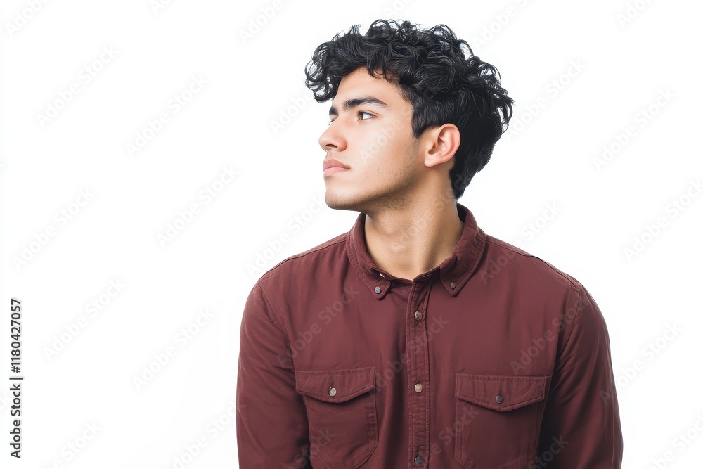 Fototapeta premium Serious young Hispanic man gazing aside against a white background