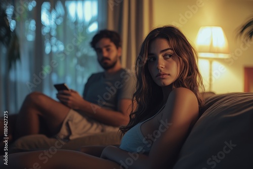 Signs of cheating girl suspects her boyfriend while he s on his phone sitting at home photo