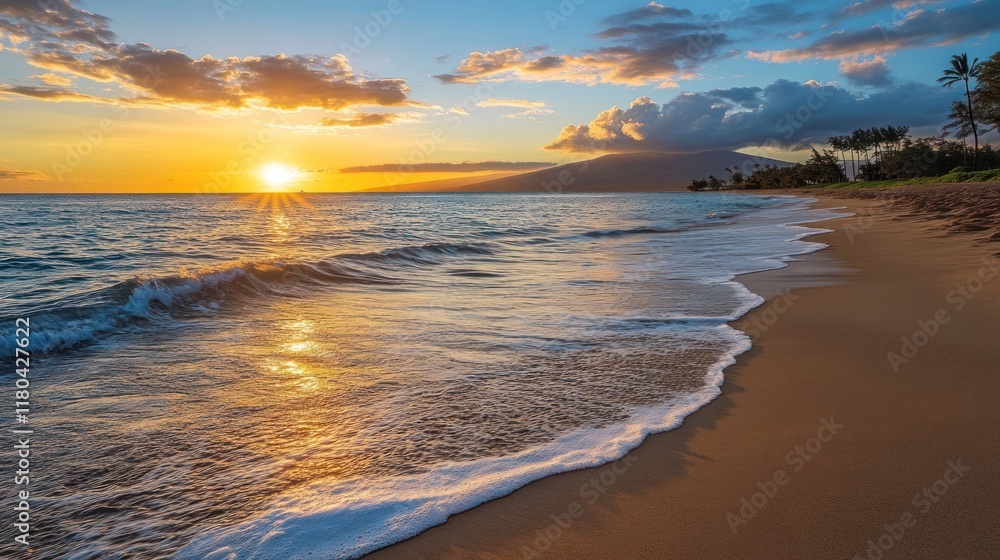 Sunset at a beach with waves, clouds, and mountains. May be used for travel or vacation Sunset at a beach with waves, clouds, and mountains. May be used for travel or vacation
