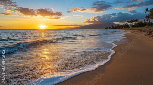 Sunset at a beach with waves, clouds, and mountains. May be used for travel or vacation