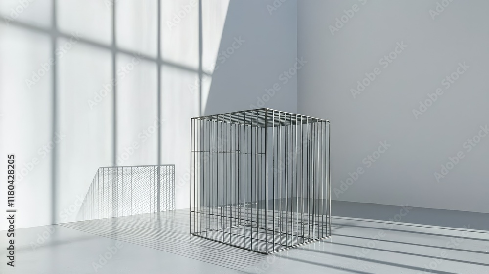 Obraz premium Empty Wire Cage in Minimalist Room with Light and Shadows