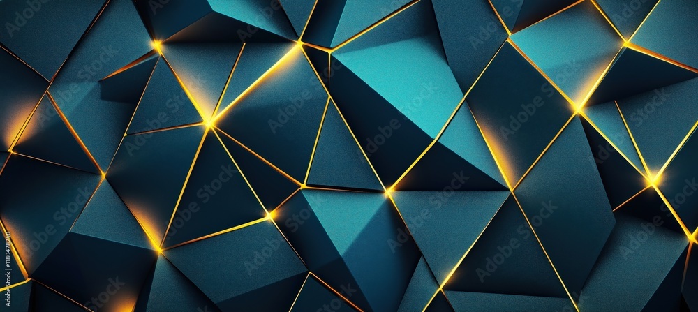 Abstract geometric composition of dark green textured triangles illuminated by glowing golden lines and points. Ieal for modern, luxury, and futuristic design wallpaper backgrounds. Abstract geometric composition of dark green textured triangles illuminated by glowing golden lines and points. Ieal for modern, luxury, and futuristic design wallpaper backgrounds.