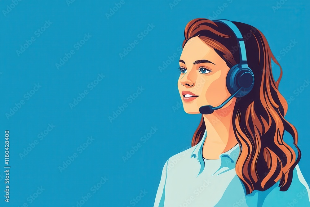 Young Caucasian woman with headset freelance support operator speaking to client set against a blue background Young Caucasian woman with headset freelance support operator speaking to client set against a blue background