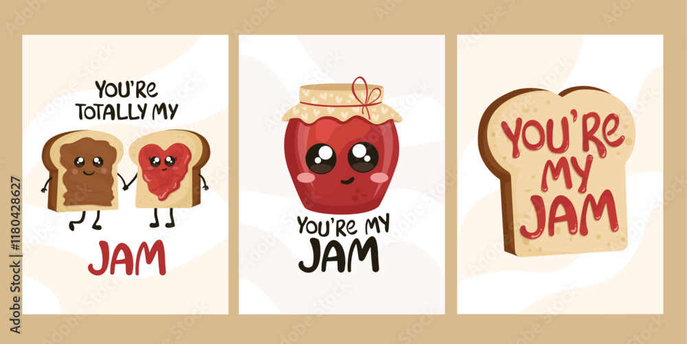 Fototapeta premium You're my jam greeting cards. Cute cartoons of toasts and jam. 