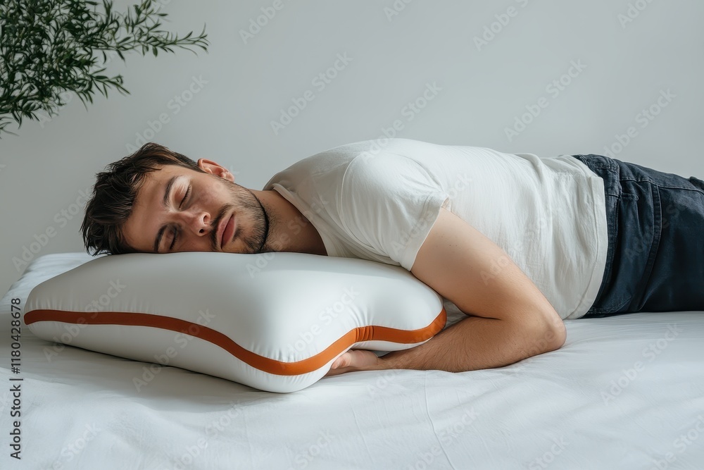 Young man rests on bed with orthopedic pillow promoting healthy posture against a white backdrop Young man rests on bed with orthopedic pillow promoting healthy posture against a white backdrop
