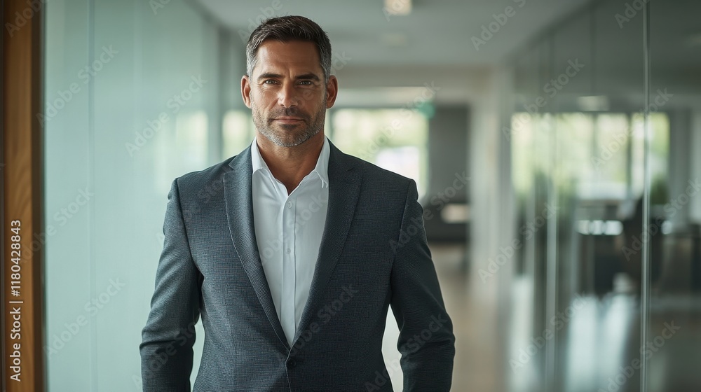 Man in charcoal suit standing confidently in modern office Man in charcoal suit standing confidently in modern office
