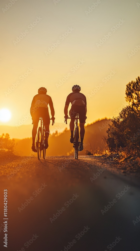 Fototapeta premium Cyclists Riding on Scenic Road at Sunset with Golden Sky Background