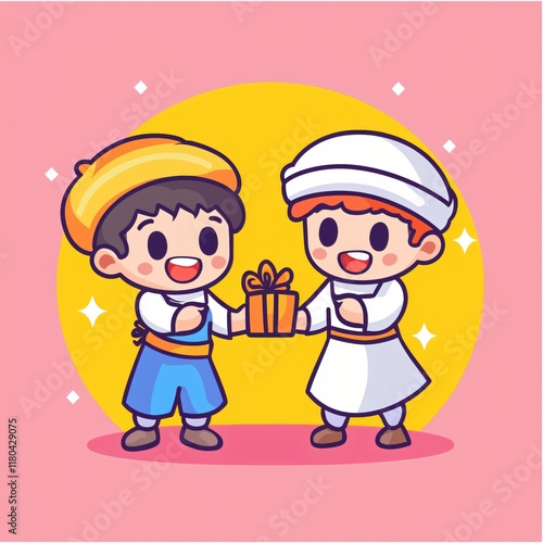 Happy Children Exchanging Gift Cartoon Illustration Festive Cheerful Friendship Sharing Joyful Present