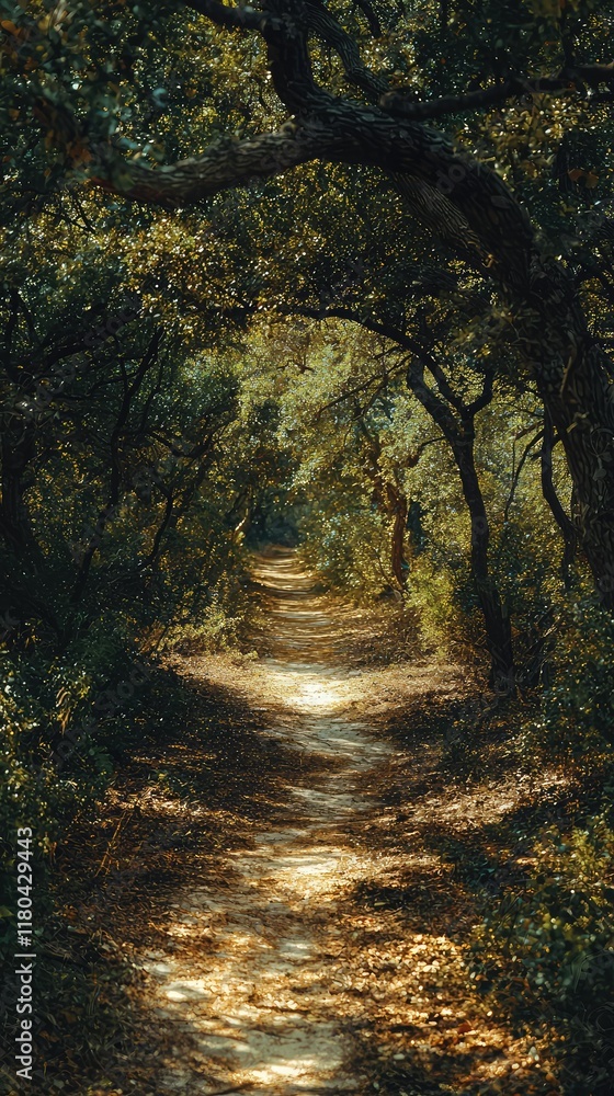Naklejka premium Serene Nature Trail Surrounded by Lush Greenery and Sunlight