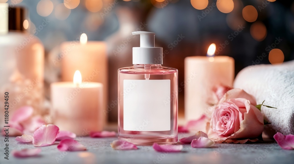 Spa mockup: blank white label for text on cosmetic jar for massage oil in festive romantic spa salon setting. Relaxing massage spa atmosphere: candles, aromatherapy, flowers, rose petals, dim light