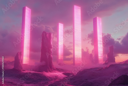 Pink Glow Illuminates Futuristic Towers Amidst Rocky Landscape