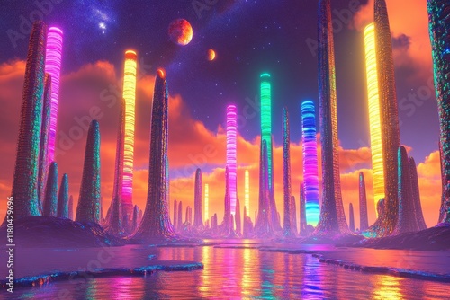 Neon Towers Illuminate An Alien Sunset Landscape