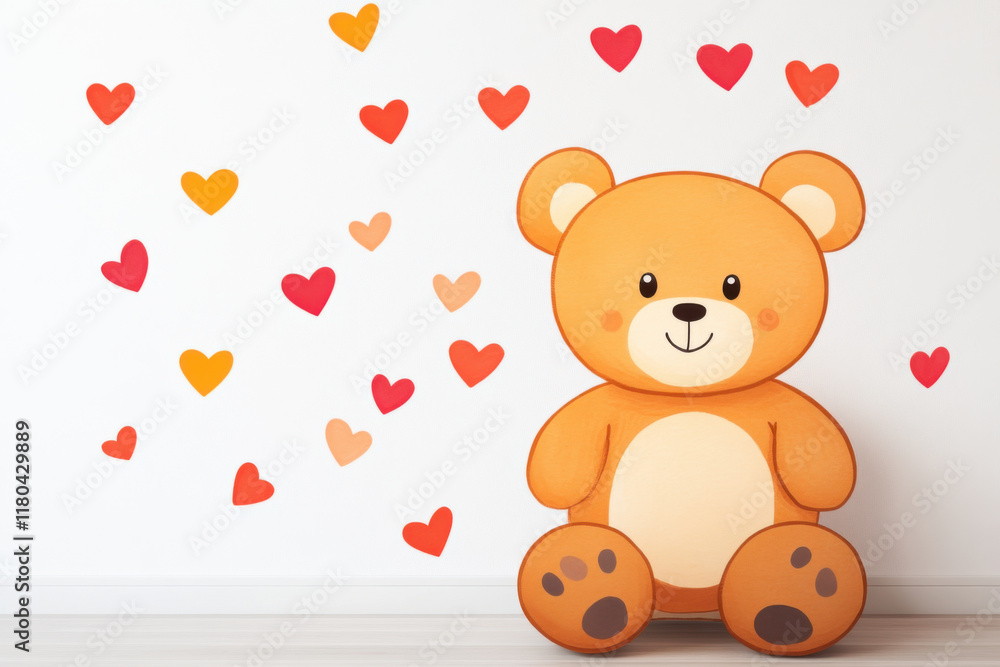 Obraz premium Love theme, Playful teddy bear surrounded by colorful heart patterns, evoking joy