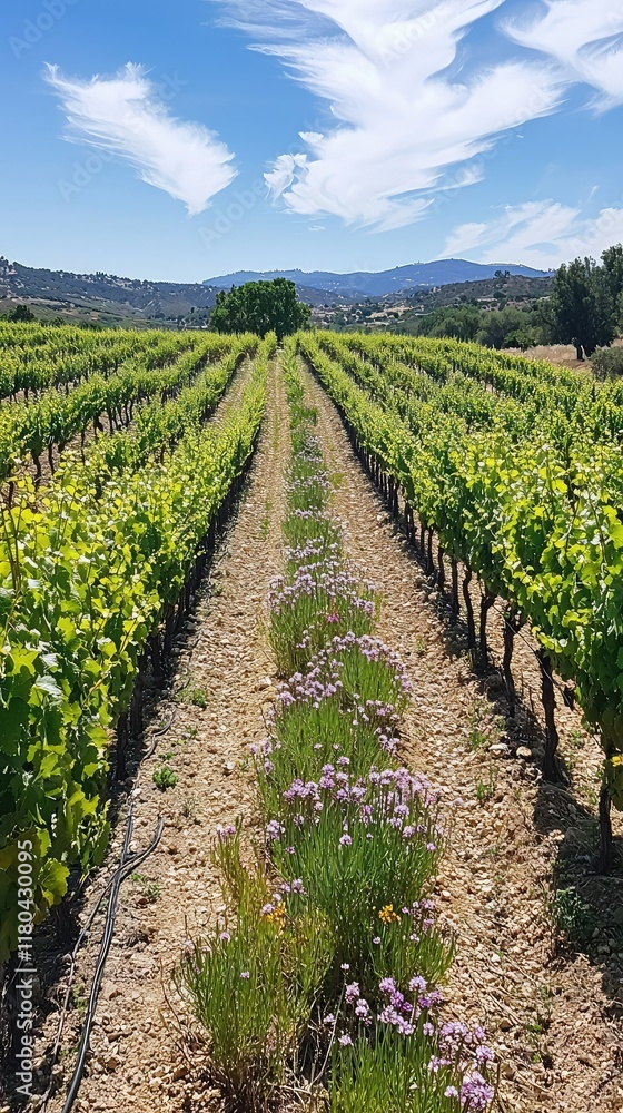 Lush Vineyard Rows Under Bright Blue Sky with Fluffy Clouds Lush Vineyard Rows Under Bright Blue Sky with Fluffy Clouds