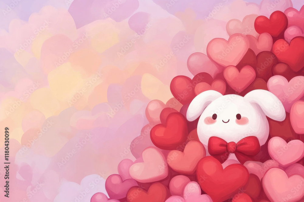 Obraz premium Love theme, Cute bunny surrounded by colorful hearts, perfect for Valentine Day