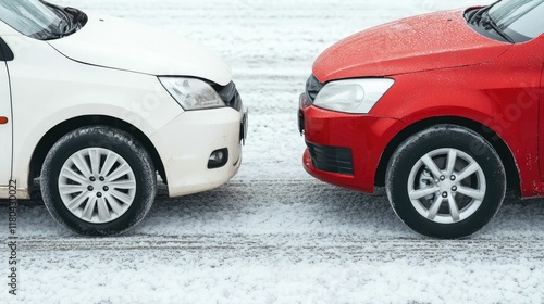 Collision repair services for car crashes and minor collisions during the winter season  Two vehicles parked in a garage or workshop setting with snow and ice visible on the ground photo