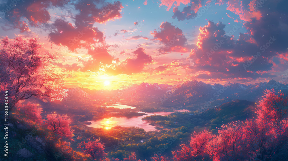 Fototapeta premium Serene Sunset Landscape with Pink Blossoms and Mountains