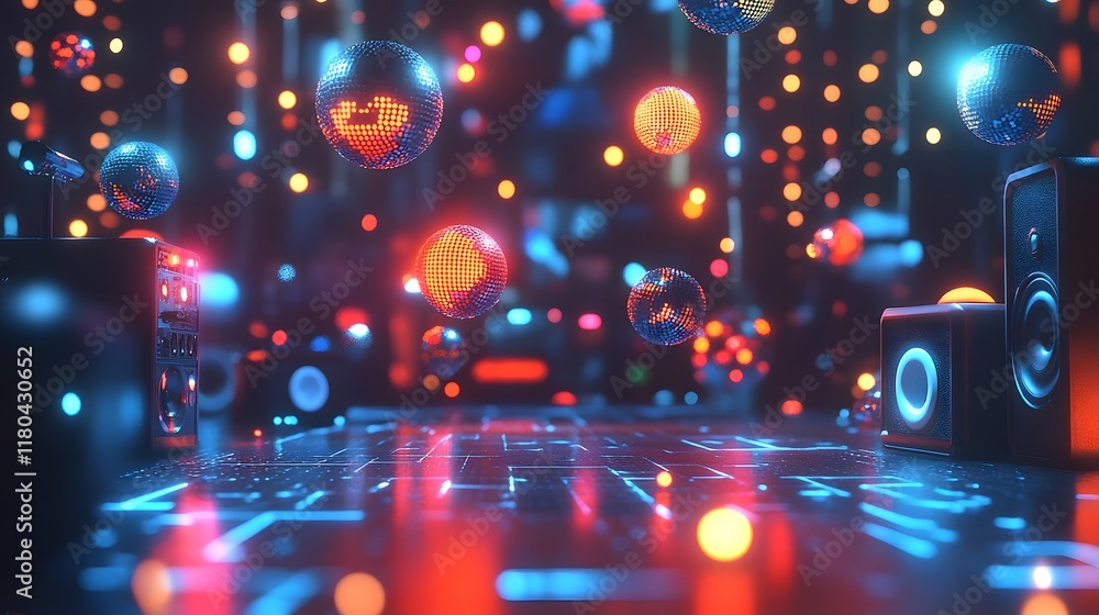 Vibrant Urban Dance Floor with Floating Disco Lights and Speakers Vibrant Urban Dance Floor with Floating Disco Lights and Speakers