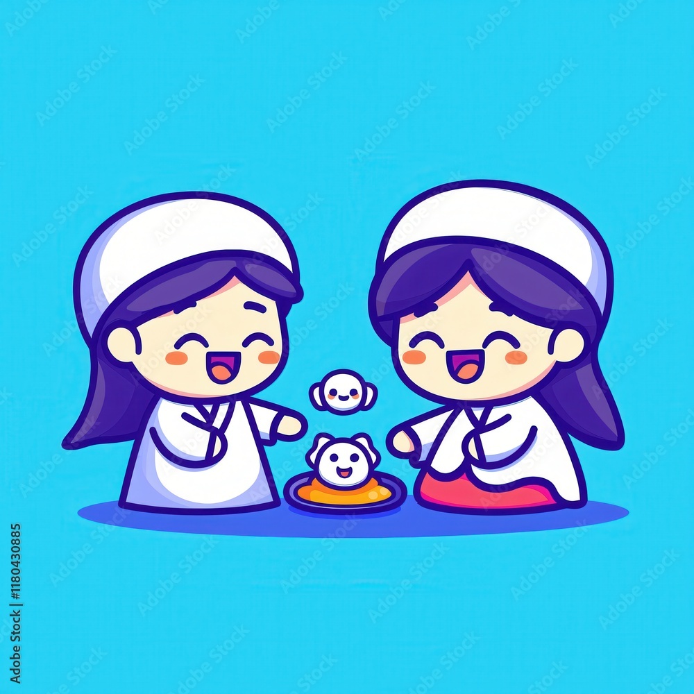 Happy Girls Sharing Sweet Treats Festive Cartoon Illustration Happy Girls Sharing Sweet Treats Festive Cartoon Illustration