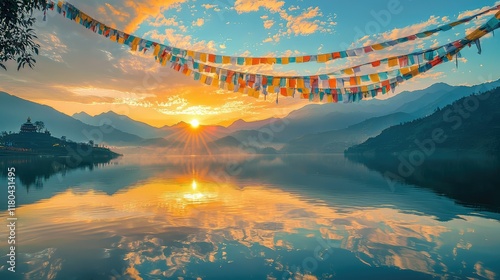 Serene Sunrise Over Tranquil Lake with Colorful Prayer Flags photo