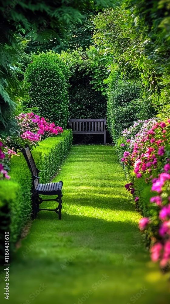Serene Garden Pathway with Lush Greenery and Colorful Flowers Serene Garden Pathway with Lush Greenery and Colorful Flowers