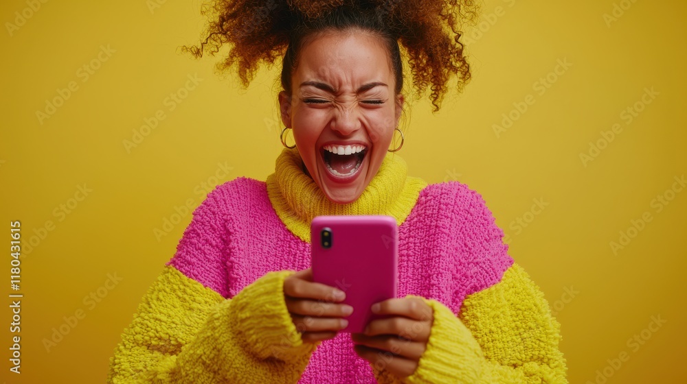 Joyful woman engaged in mobile interaction vibrant studio lifestyle portrait colorful background Joyful woman engaged in mobile interaction vibrant studio lifestyle portrait colorful background