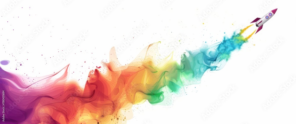 Fototapeta premium Abstract rocket ascends leaving vibrant multicolored trail symbolizing innovation and rapid growth of a new venture. Bold colors and dynamic movement capture the energy of a successful launch.