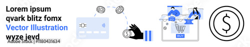 Credit card and currency exchange illustration depicting online payment, shopping cart with users, and dollar currency icon. Ideal for e-commerce, online payment, transactions, shopping platforms