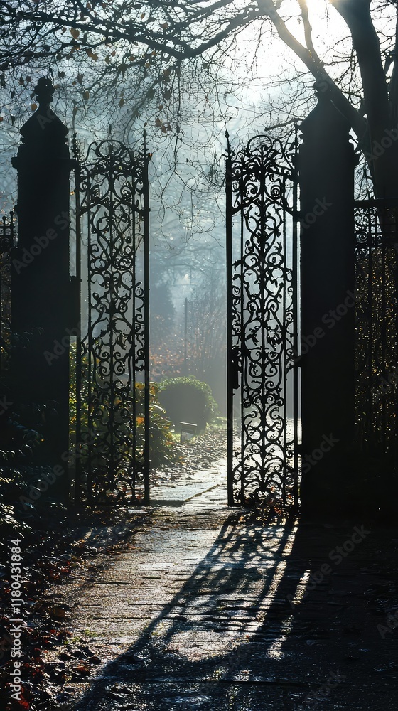 Obraz premium Misty Gate with Intricate Ironwork Framing a Serene Landscape