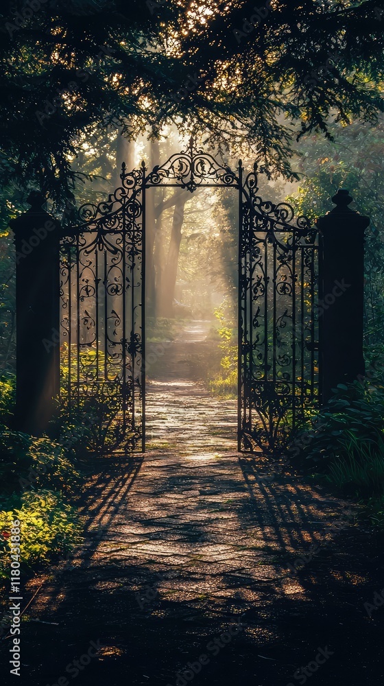 Fototapeta premium Enchanted Antique Gate Leading into a Misty Forest Pathway