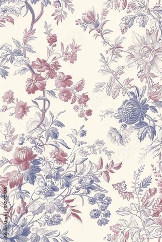 Wallpaper Mural Timeless Toile, Elegant Toile De Jouy pattern in soft blues and pinks features intricate vintage floral motifs. Delicate details and classic elegance create a timeless beauty. Torontodigital.ca