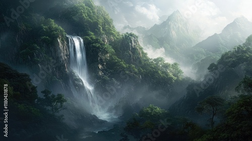 A cascading waterfall in a mountain forest, with fog and sunlight creating a magical morning atmosphere.